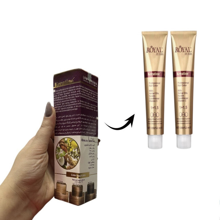 رنگ مو آتوسا رویال شماره 6.65 حجم 50 میلی لیتر بسته دو عددی رنگ فندقی تیره به همراه اکسیدان آتوسا رویال مدل 2 نه درصدی حجم 75 میلی لیتر
