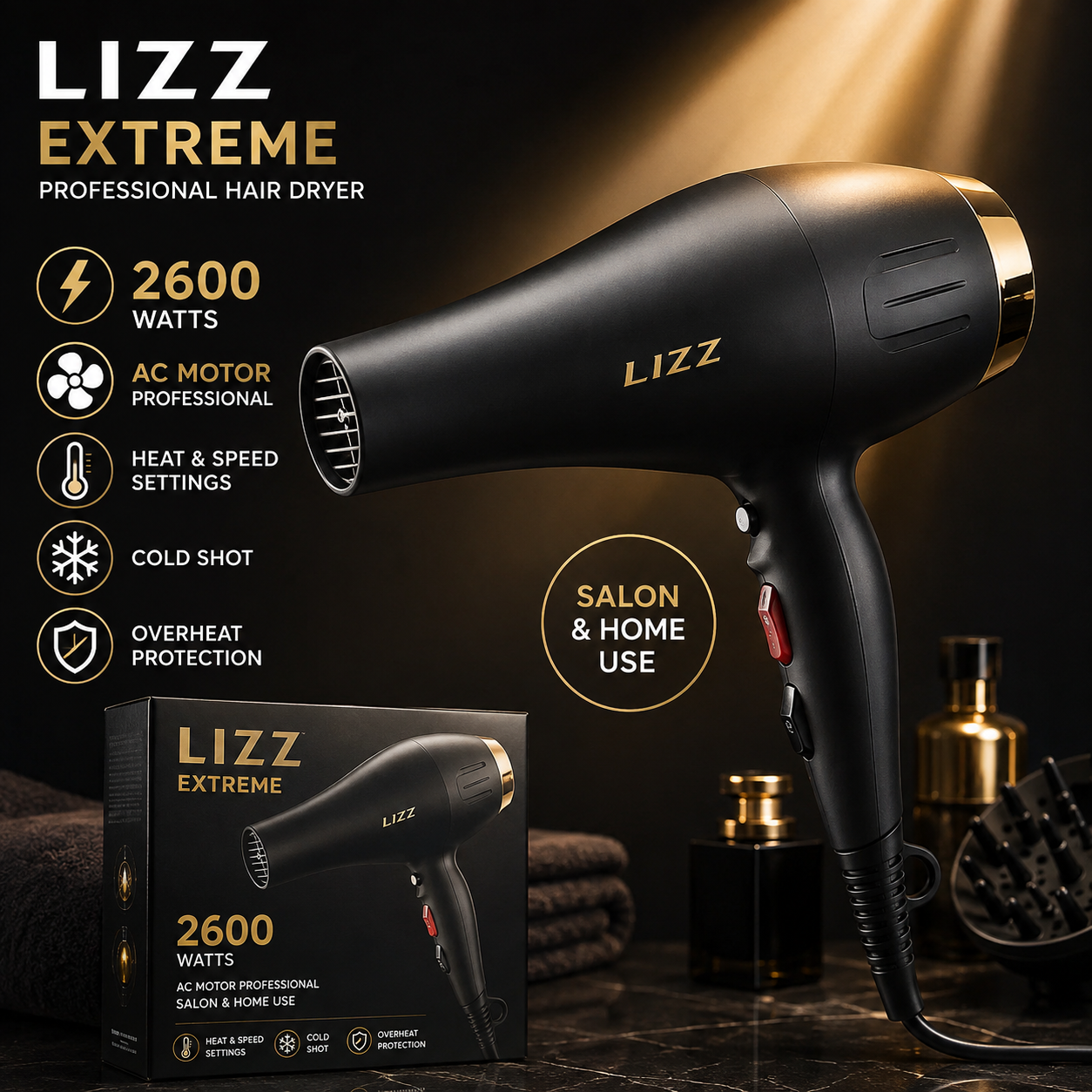 سشوار حرفه‌ای LIZZ EXTREME مدل 2600 وات | موتور AC سالنی و خانگی