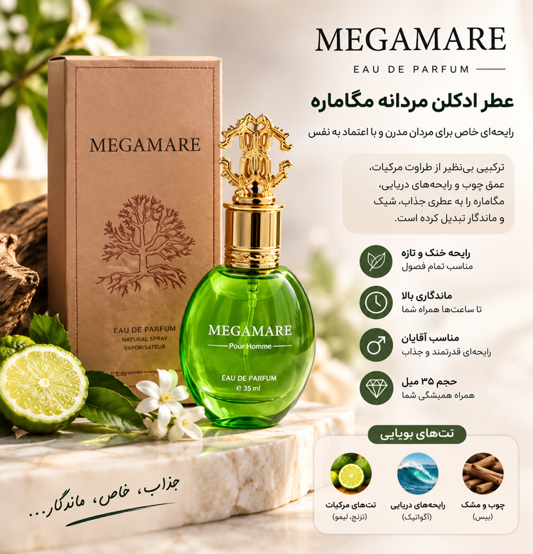 ادوپرفیوم مردانه مگاماره MEGAMARE مدل Pour Homme حجم 35 میل + ارسال رايگان