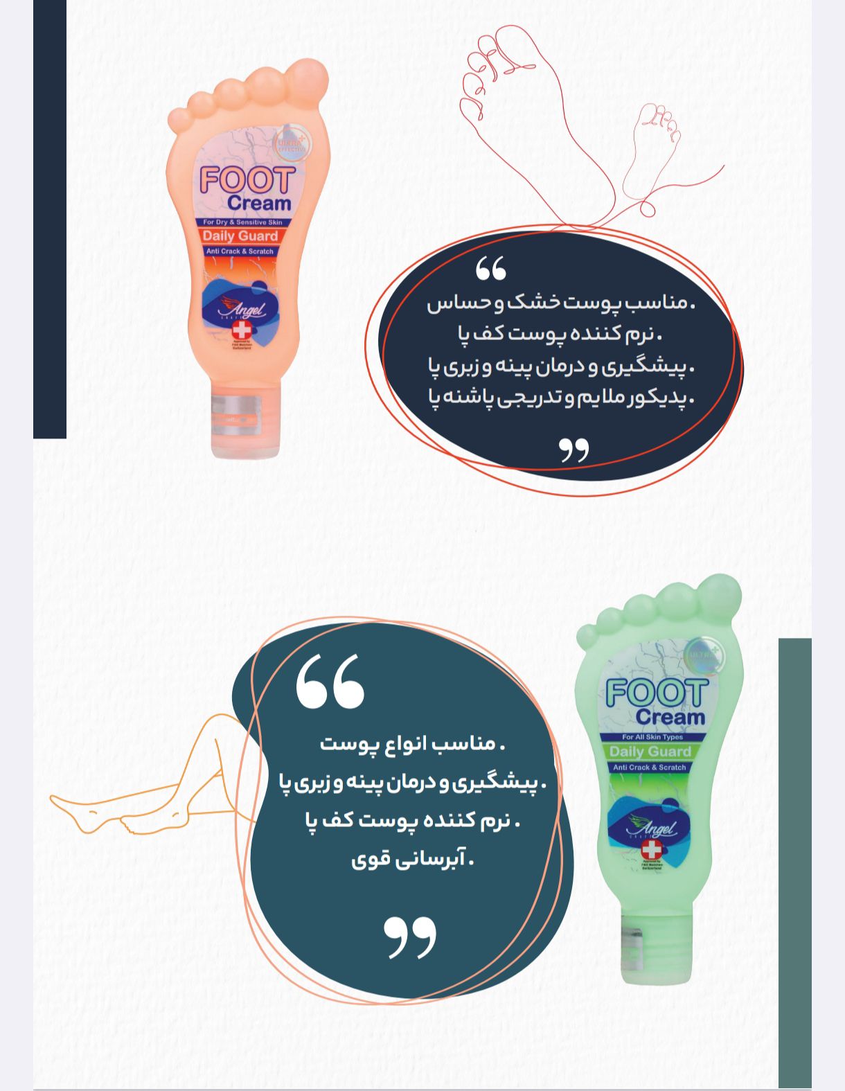 کرم پا آنجل Daily Guard مدل نارنجی و سبز، نرم‌کننده و مرطوب‌کننده، مناسب خشکی و ترک پا يسته 2 عددي