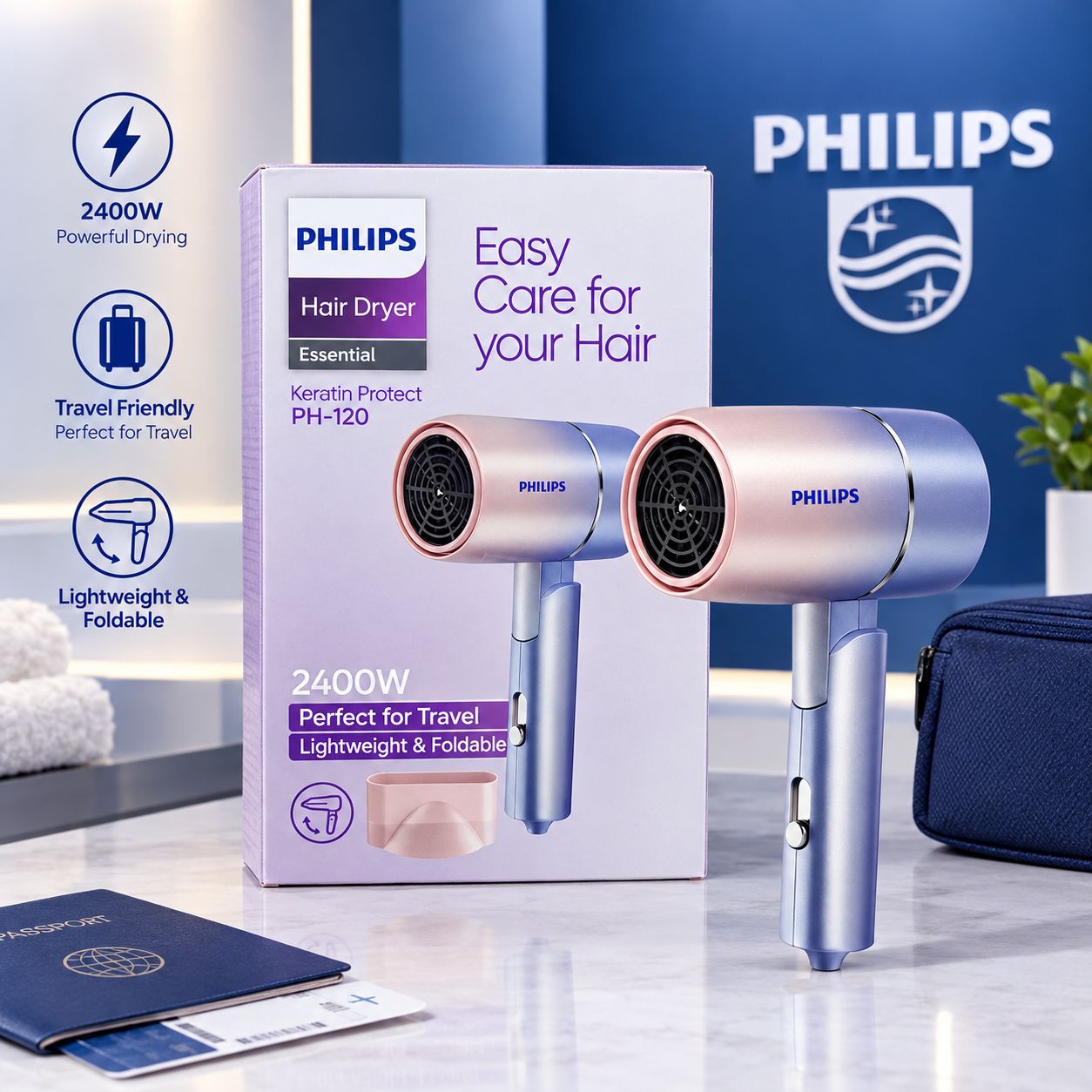 سشوار فیلیپس مدل PH-120 کراتینه، ۲۴۰۰ وات، تاشو و مسافرتی | Philips Hair Dryer Essential Keratin Protect