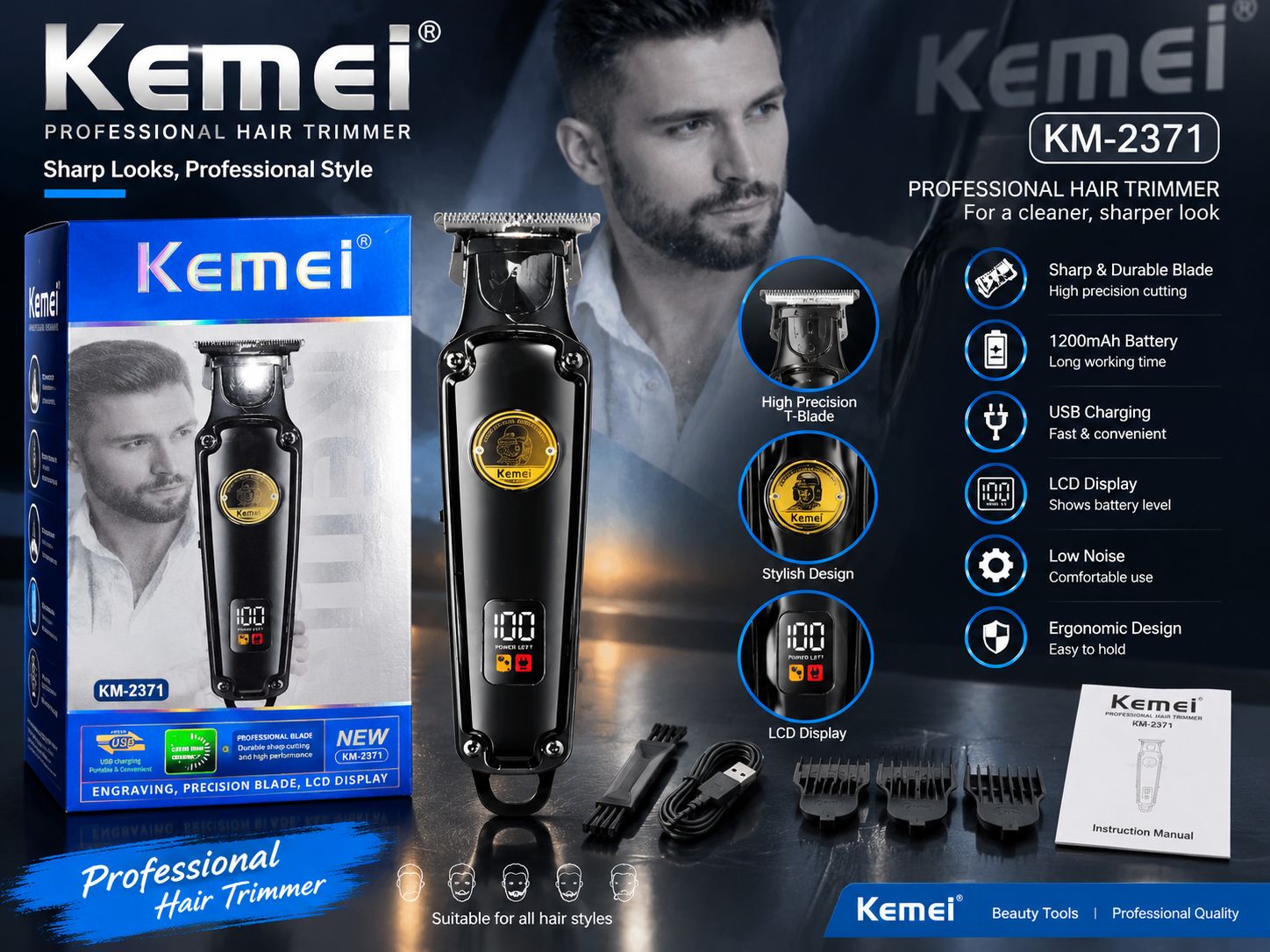 ماشین اصلاح و خط زن کیمی مدل KM-2371 | Kemei KM-2371 با تیغه سرامیکی