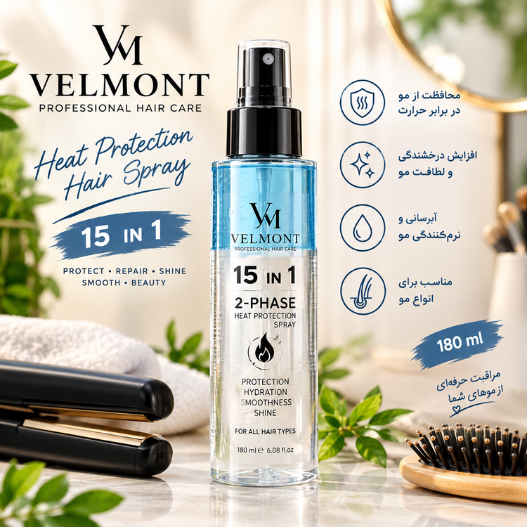 اسپری محافظ حرارتی مو ولمونت VELMONT مدل 15 in 1 حجم ۱۸۰ میلیلیتر
